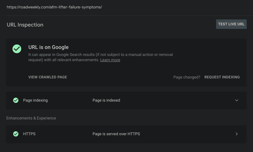URL inspection for indexed page in google search console