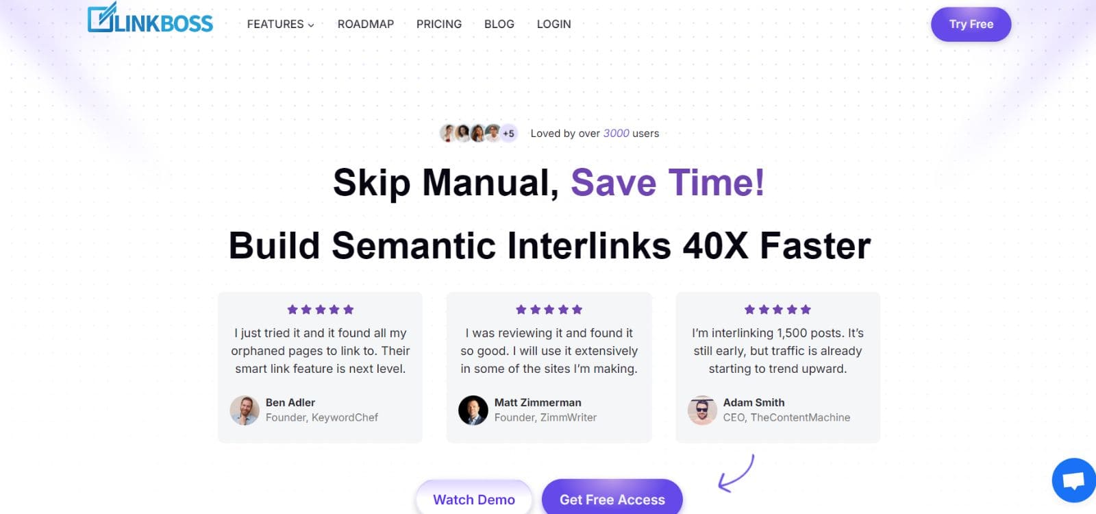 LinkBoss internal linking tool dashboard showing AI-powered link suggestions and site structure visualization.