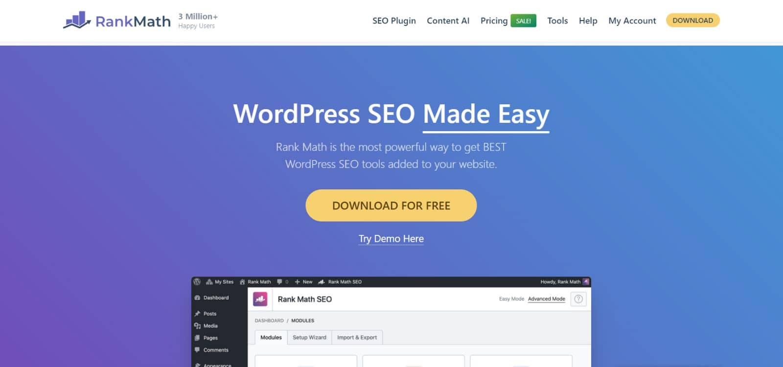 Rank Math WordPress SEO plugin interface showing internal link suggestions and link counter.