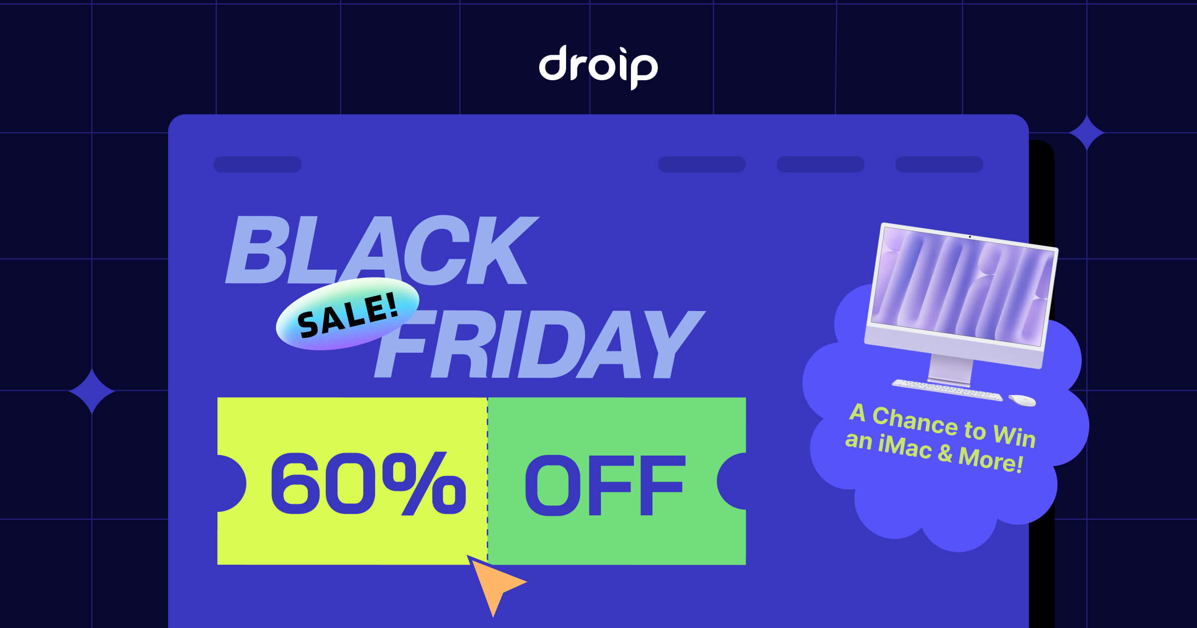 Black Friday 2025 sale banner with 60% off discount and iMac giveaway offer.