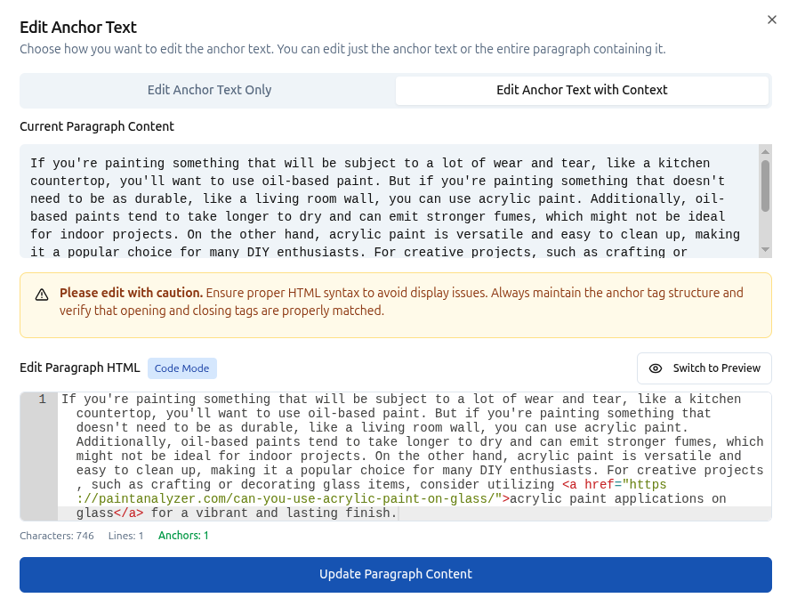 Anchor Text Editing Modal