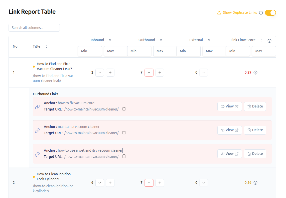 LinkBoss duplicate link detection interface showing harmful vs acceptable duplicates