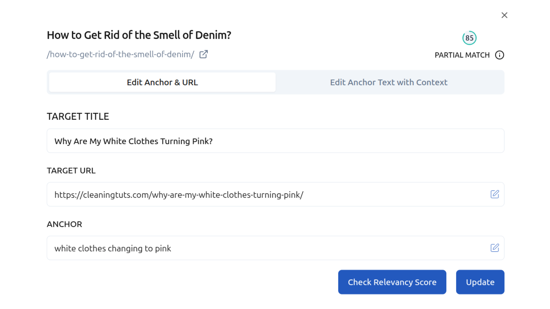 Check Anchor Text Relevancy Score
