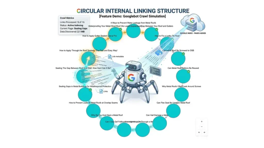 Diagram showing circular internal linking structure with teal circles connected by arrows forming a ring