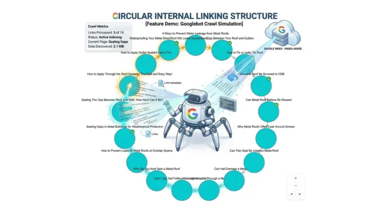 Diagram showing circular internal linking structure with teal circles connected by arrows forming a ring