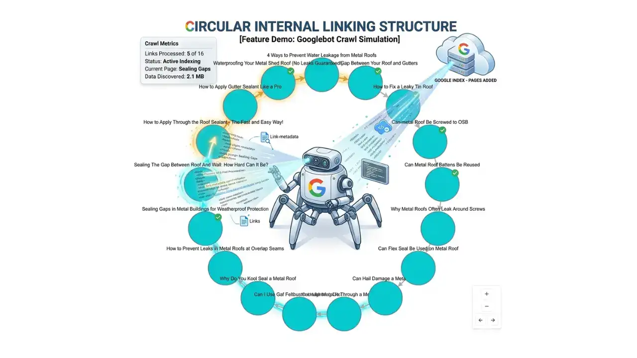 Diagram showing circular internal linking structure with teal circles connected by arrows forming a ring