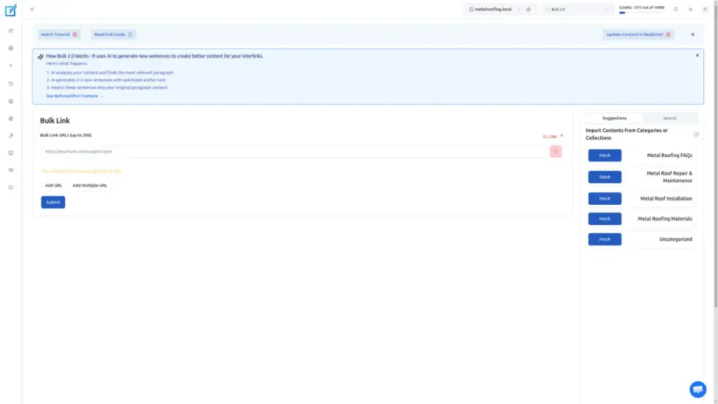 Link Boss Bulk 2.0 tool interface inside the app
