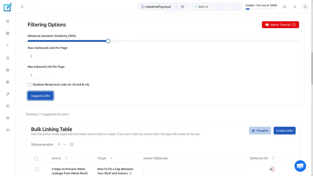 LinkBoss settings panel configured for circular silo with max outbound and inbound set to 1