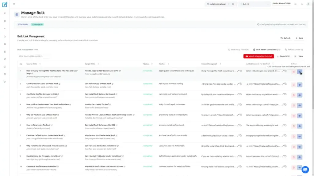 LinkBoss info panel showing a placed interlink on a category page