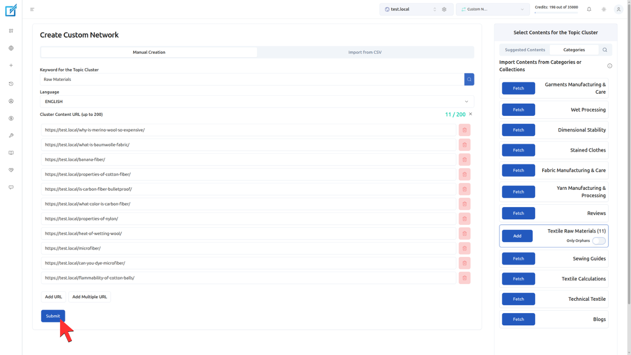 Submit button inside LinkBoss Custom Network for submitting topic cluster URLs