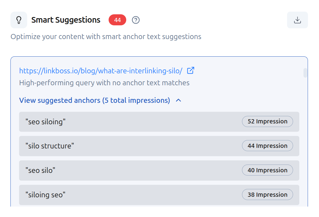 LinkBoss GSC Analytics Dashboard showing keyword rankings, week-over-week movements, downtrending alerts, and new keyword discovery