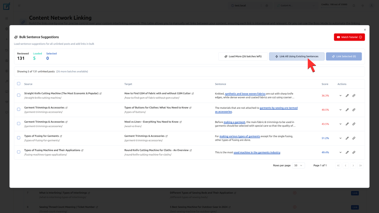 Link All Using Existing Sentences button of LinkBoss Custom Silo Network