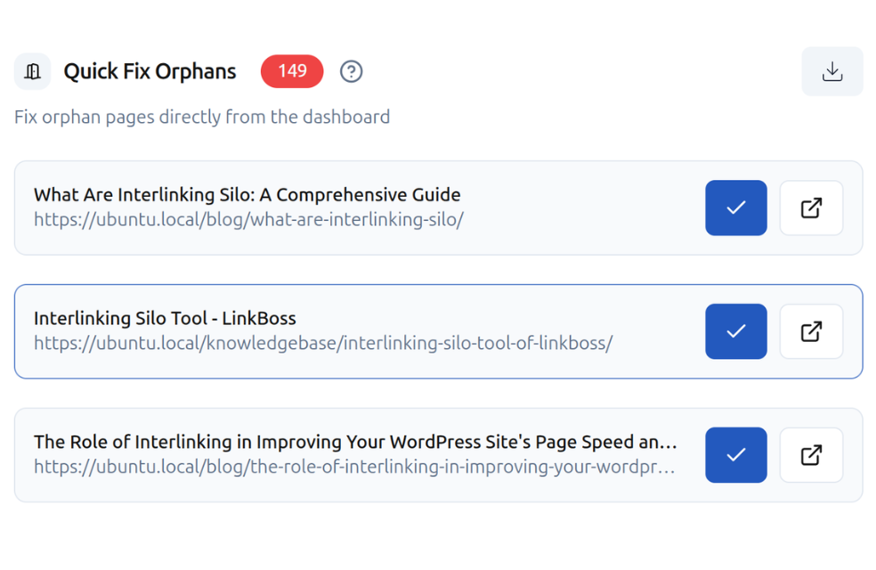quick fix orphan list inside linkboss dashboard