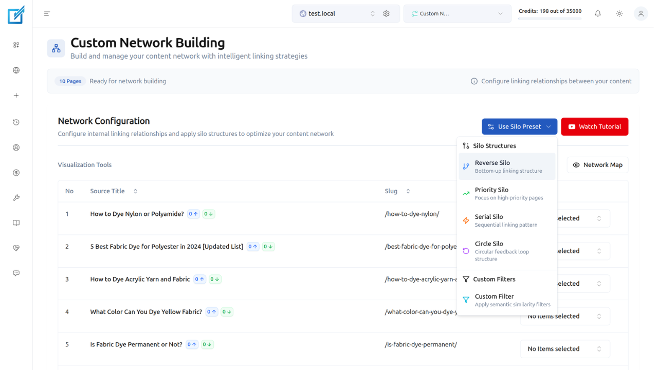 Selecting Reverse Silo Preset from LinkBoss Custom Network tool
