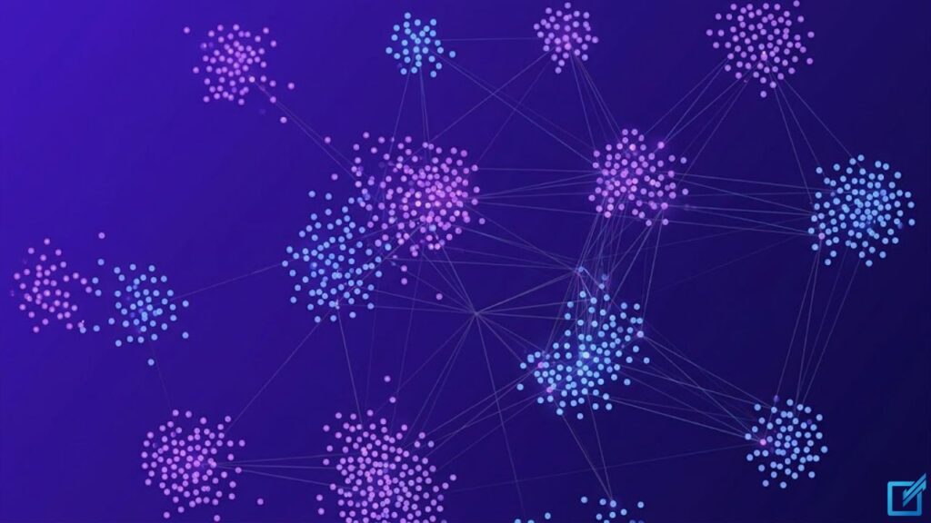 3D vector embedding visualization showing web pages as clustered data points in semantic space, connected by internal link lines at varying cosine similarity distances