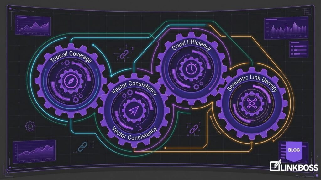 Diagram showing the four components of topical authority: coverage, historical data, cost of retrieval, and semantic network density