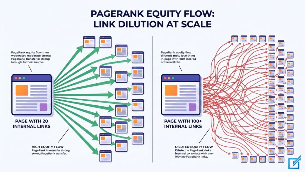 Infographic comparing PageRank equity flow when a page has 20 internal links versus 100+ internal links, showing equity dilution at scale