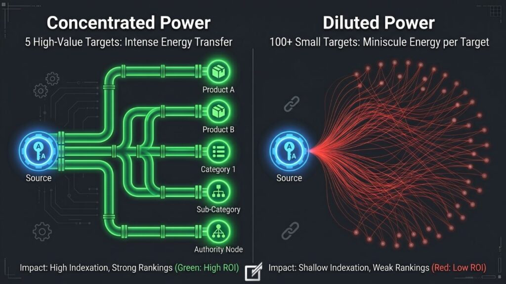 Side-by-side comparison of concentrated versus diluted link equity distribution from a high-authority homepage linking to 5 versus 80 pages