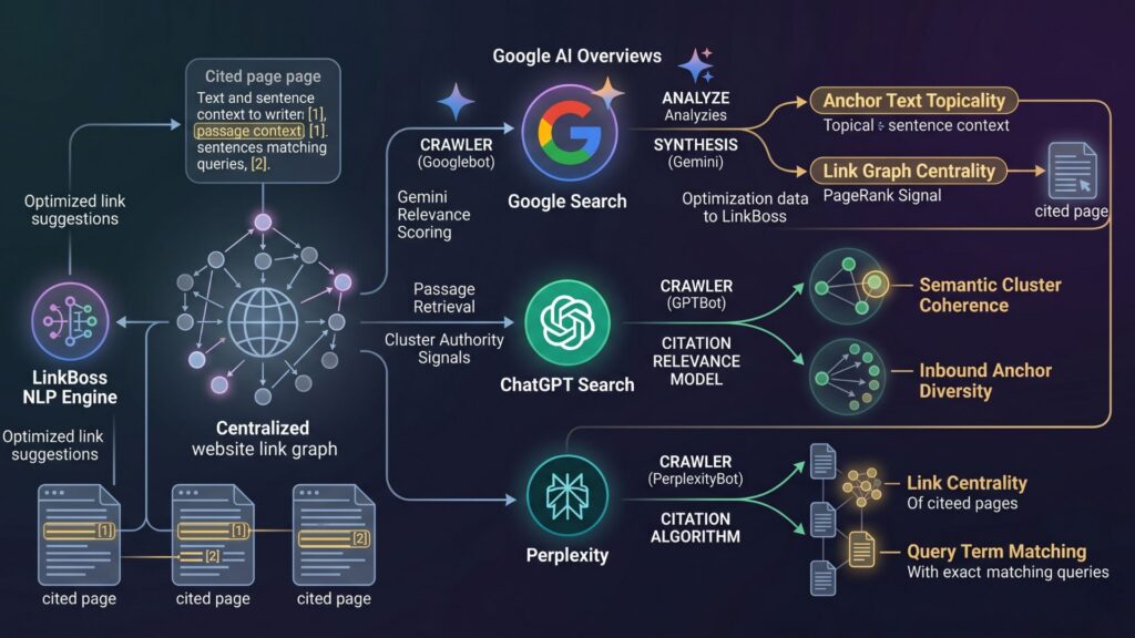 Diagram showing how Google AI Overviews, ChatGPT, and Perplexity traverse a website's internal link graph to discover and cite authoritative pages