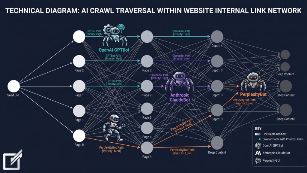 Diagram showing how GPTBot, ClaudeBot, and PerplexityBot traverse internal links to discover and assess website content for AI search systems