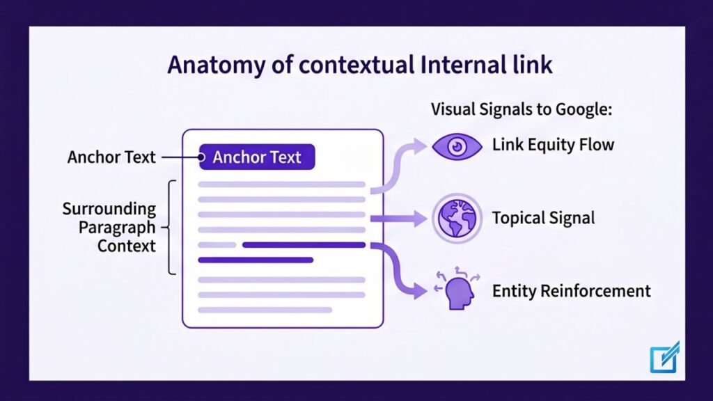 Anatomy of a contextual internal link showing anchor text, surrounding paragraph context, and the three SEO signals each element sends to Google