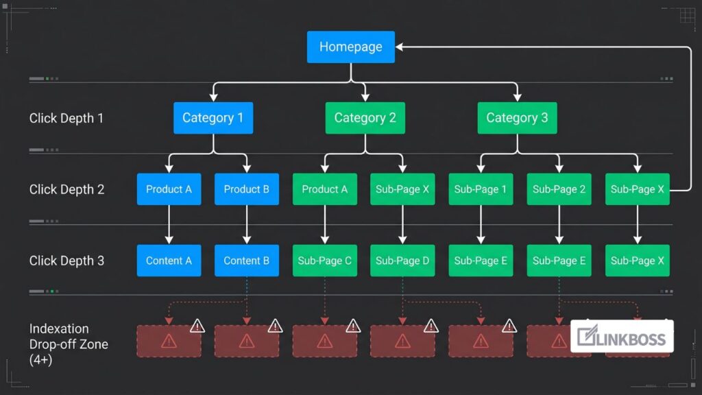 Tree diagram showing website pages organized by click depth from homepage, with crawl priority decreasing at 4+ clicks
