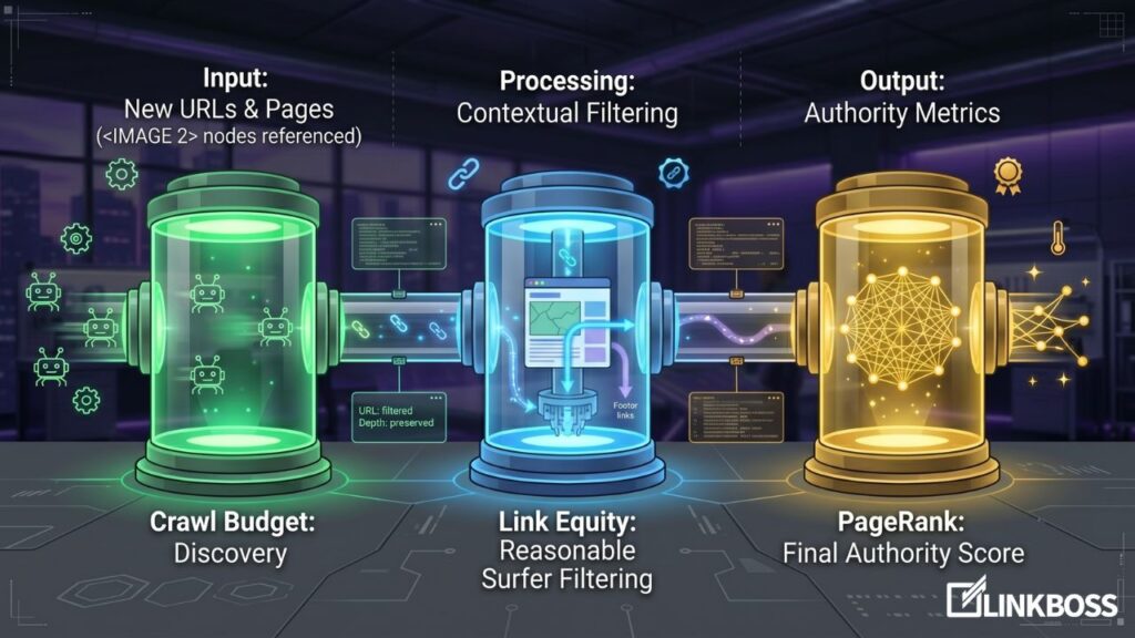 Three-stage diagram illustrating how PageRank, link equity, and crawl budget work together inside Google's crawling-indexing-ranking pipeline