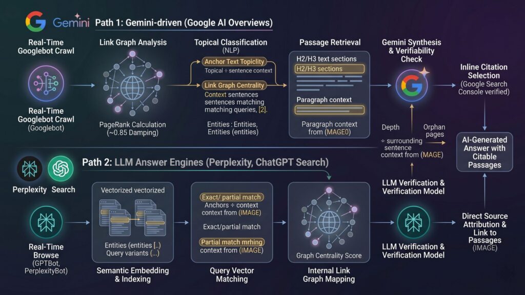 Flowchart showing how AI search systems like Perplexity and ChatGPT discover, evaluate, and select internal pages as AI citations