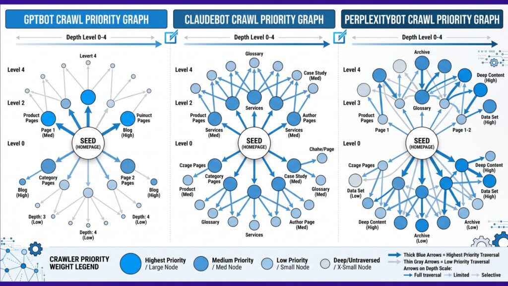 Side-by-side comparison of how GPTBot, ClaudeBot, and PerplexityBot prioritize and traverse internal link graphs at different crawl depths