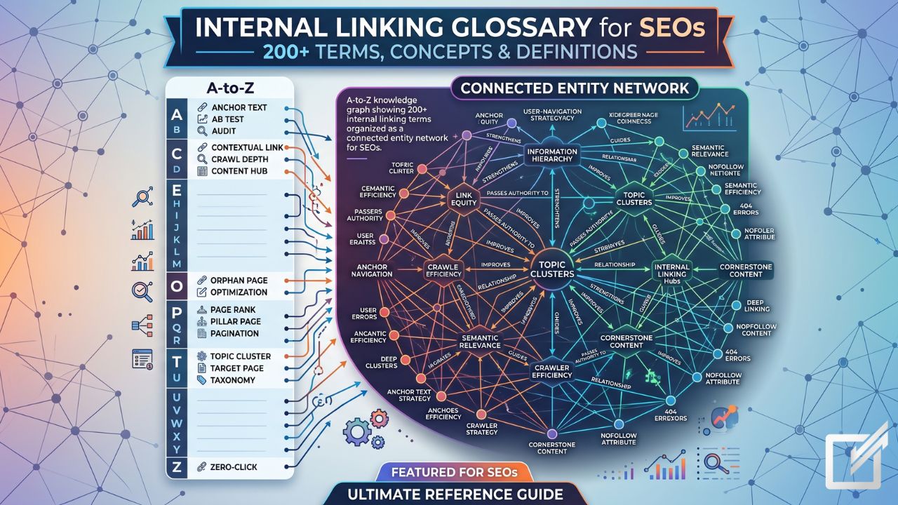 A-to-Z knowledge graph showing 200+ internal linking terms organized as a connected entity network for SEOs