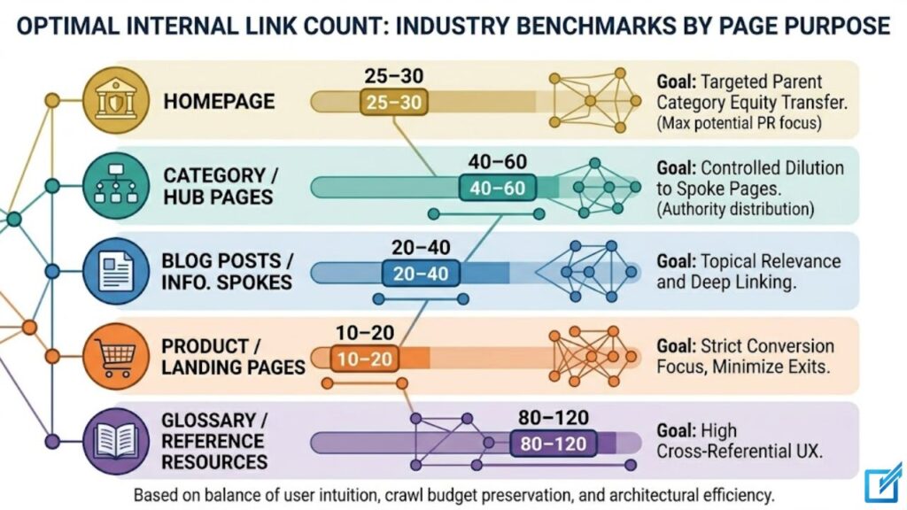 Chart showing recommended internal link count ranges by page type: homepage 25–30, hub pages 40–60, blog posts 20–40, product pages 10–20, glossary pages 80–120