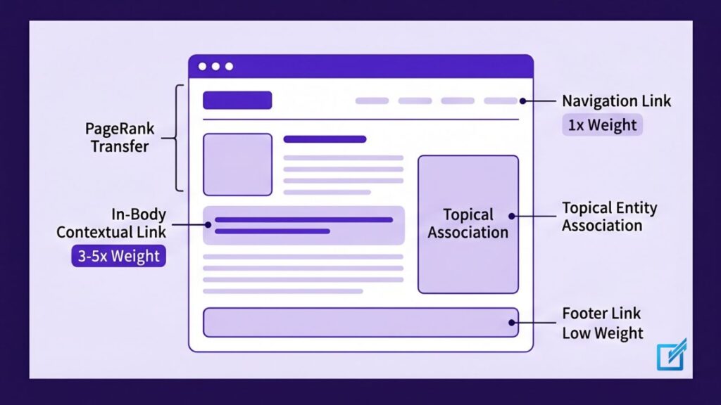 Annotated webpage diagram showing a contextual in-body link receiving the highest PageRank weight compared to navigation and footer links