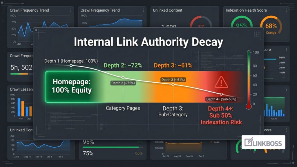 Heat map showing crawl frequency and indexation likelihood decreasing at each click depth level from homepage to 4+