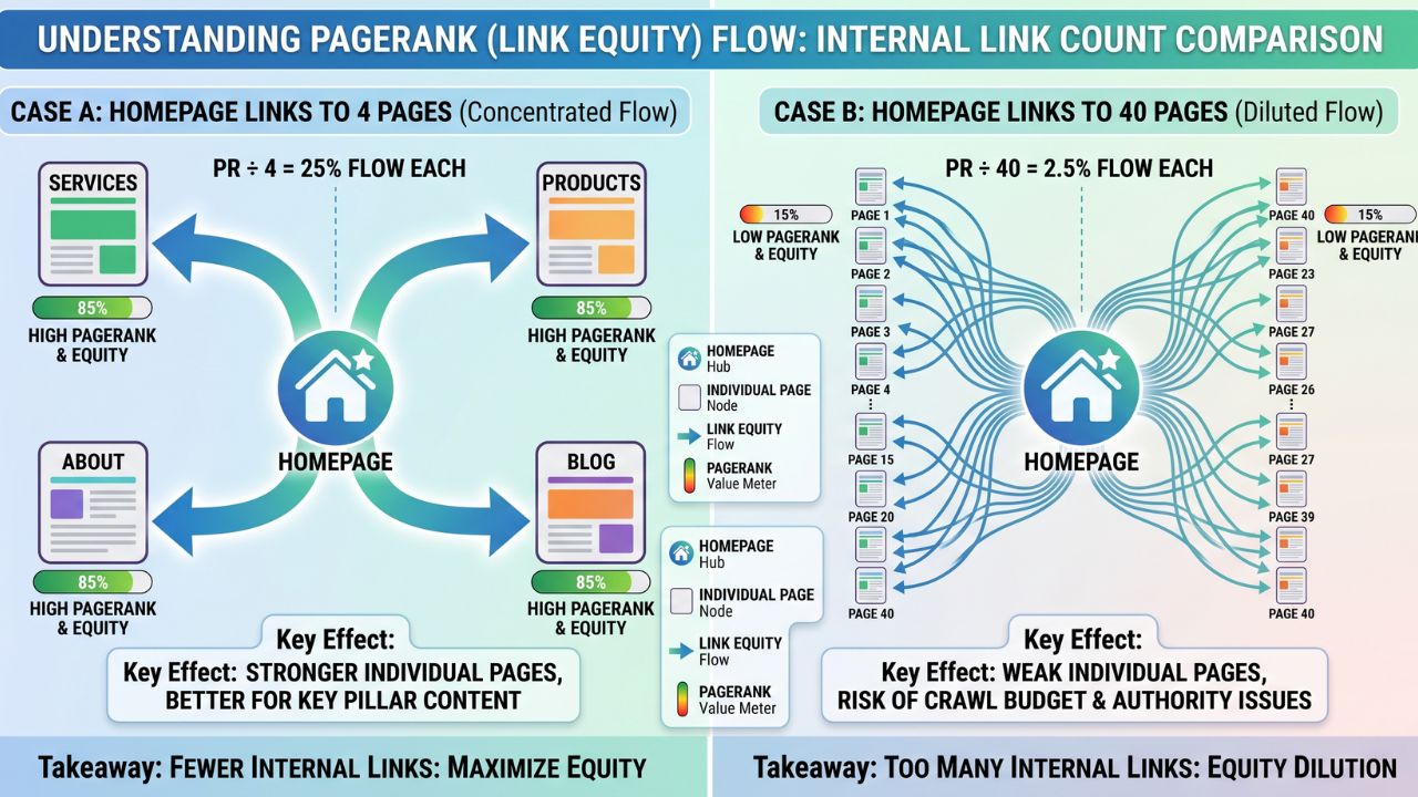 Infographic comparing concentrated PageRank flow when a homepage links to 4 pages versus diluted flow when it links to 40 pages