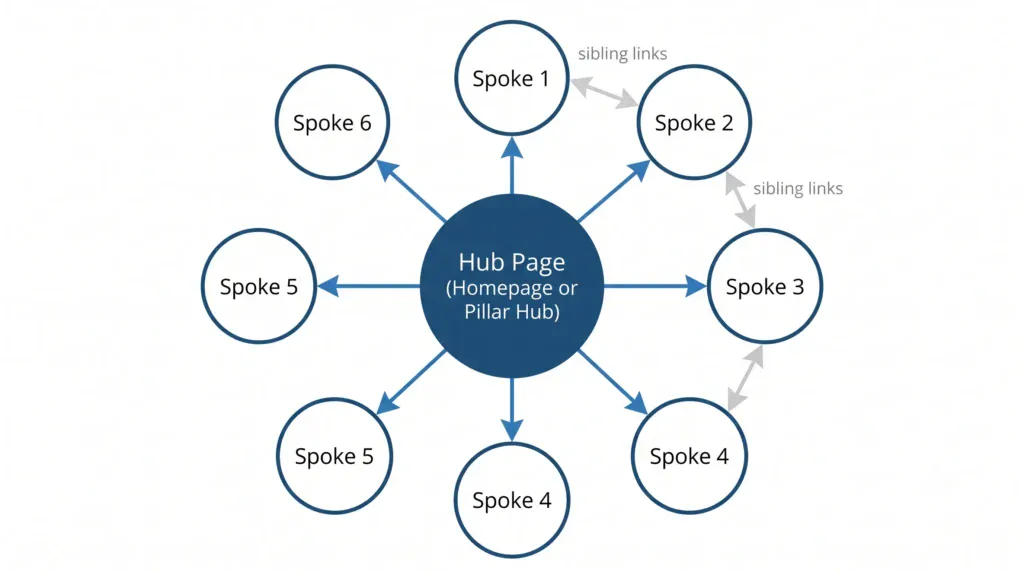 Hub-and-spoke internal link architecture diagram showing PageRank flow from a central hub page to spoke articles and back