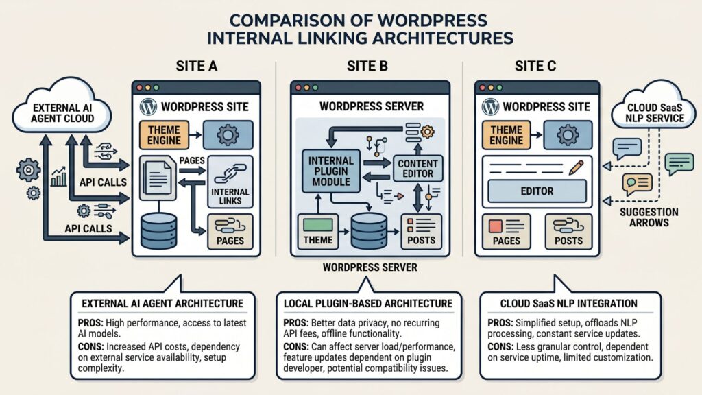 Three WordPress sites each using a different AI internal linking architecture: agent-based, plugin-based, and SaaS-based