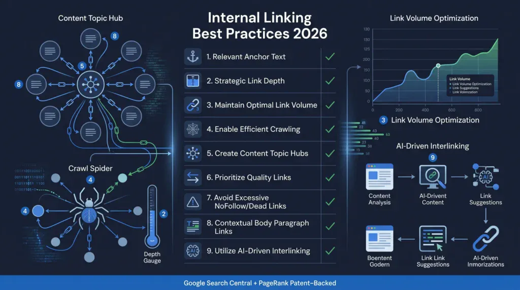 Nine internal linking best practices checklist for 2026 covering anchor text, click depth, PageRank flow, and AI search optimization