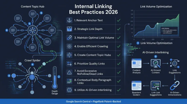 Nine internal linking best practices checklist for 2026 covering anchor text, click depth, PageRank flow, and AI search optimization